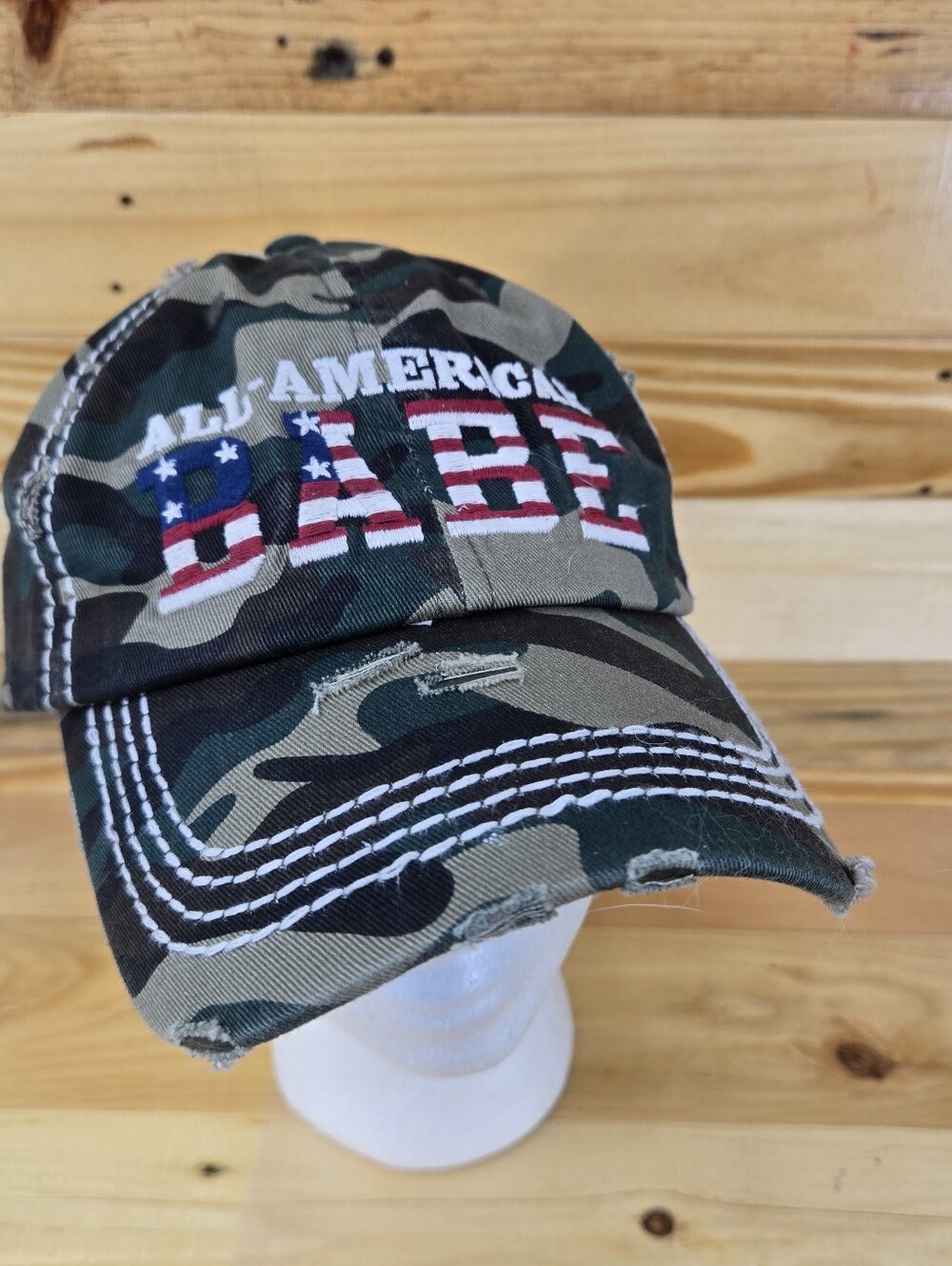 New Kbethos Vintage Camo Womans American Babe Distressed Hat Adjustable Baseball